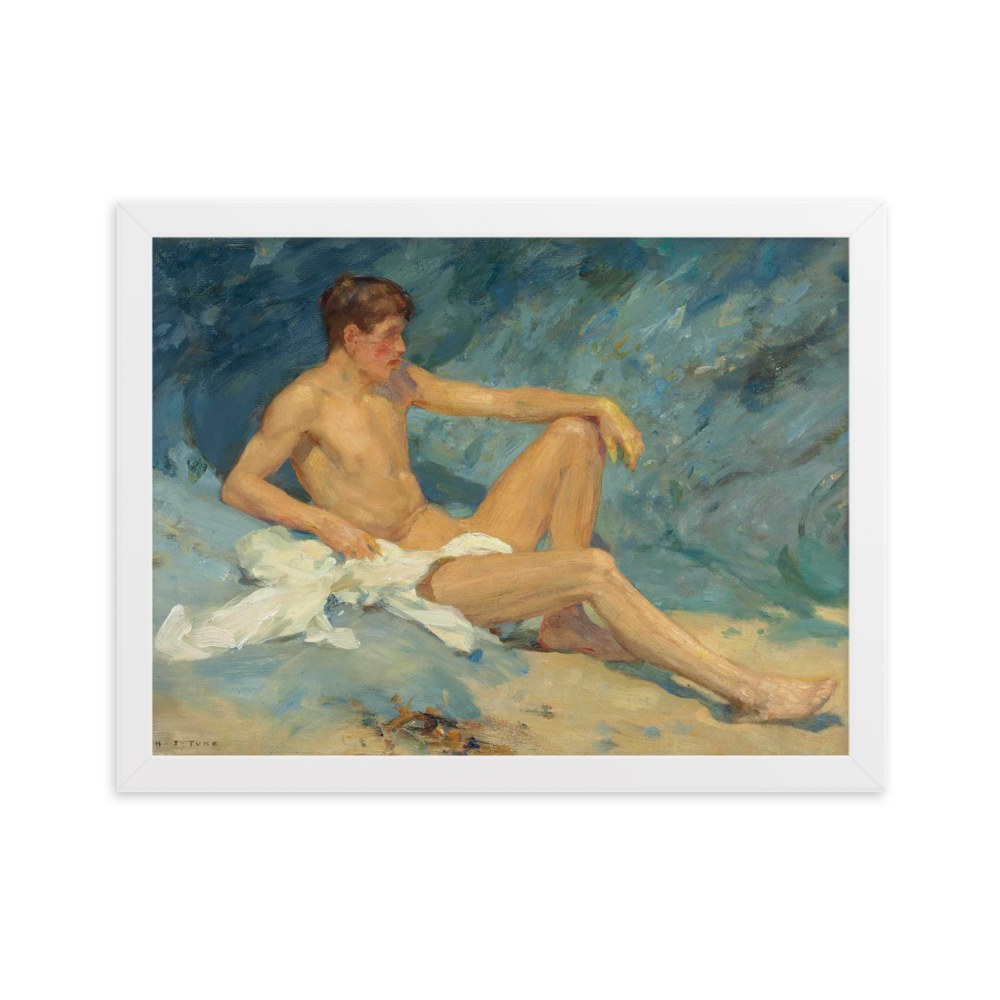 A male nude reclining on rocks