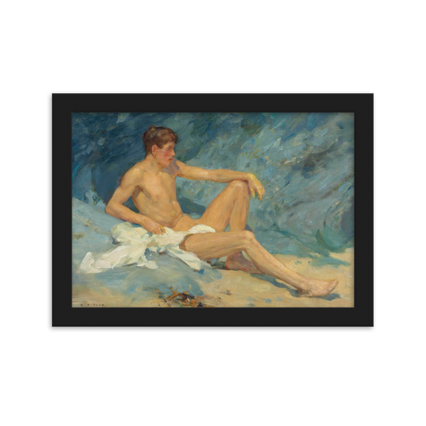 A male nude reclining on rocks