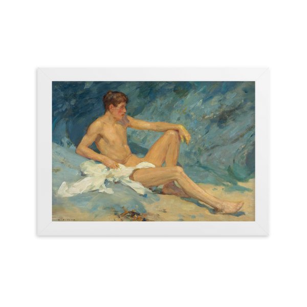 A male nude reclining on rocks