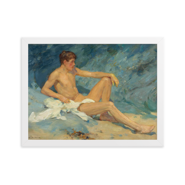 A male nude reclining on rocks